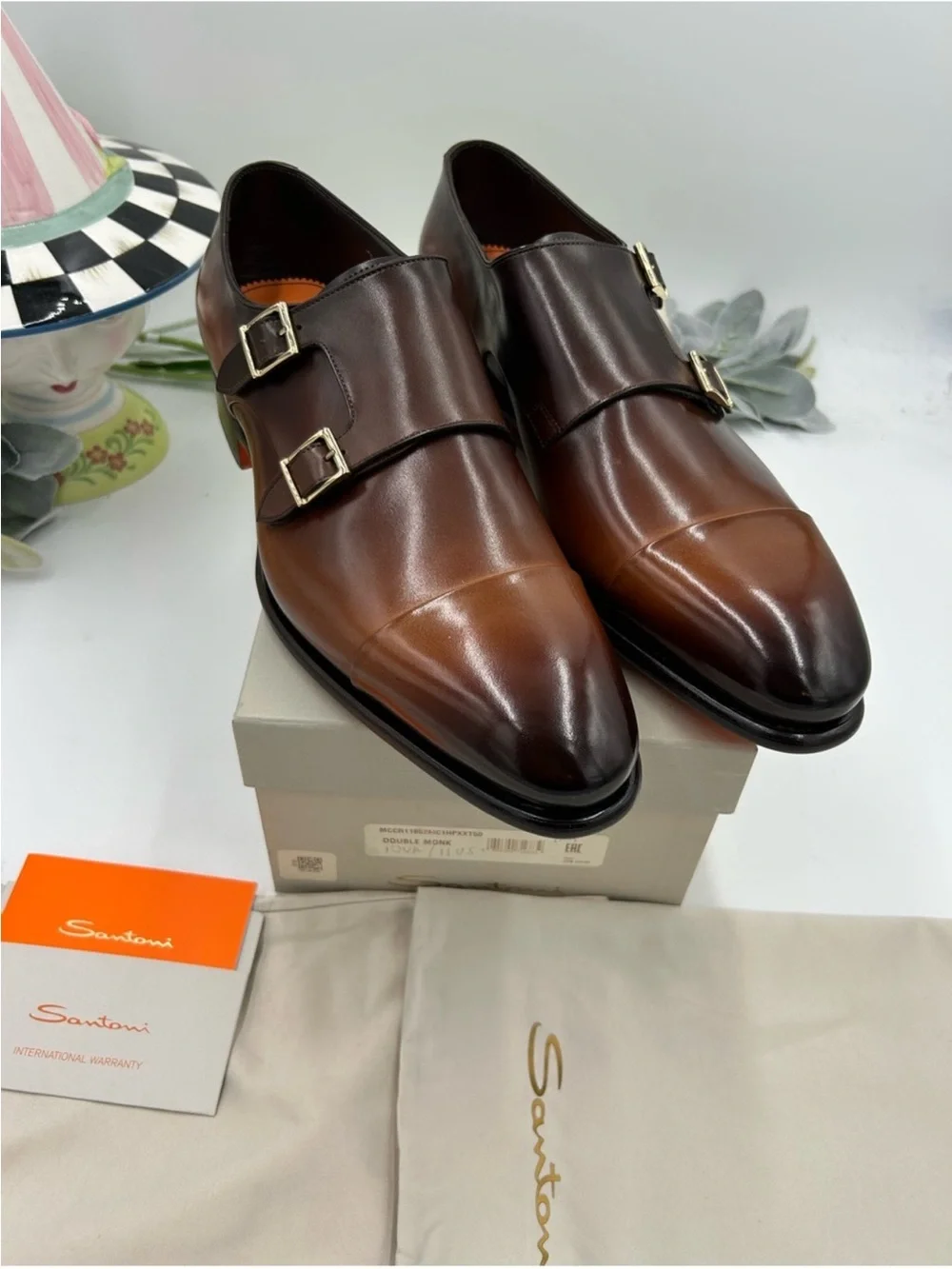 Men’s Santoni Ira double monk strap BURNISHED leather Oxford, size 11 US